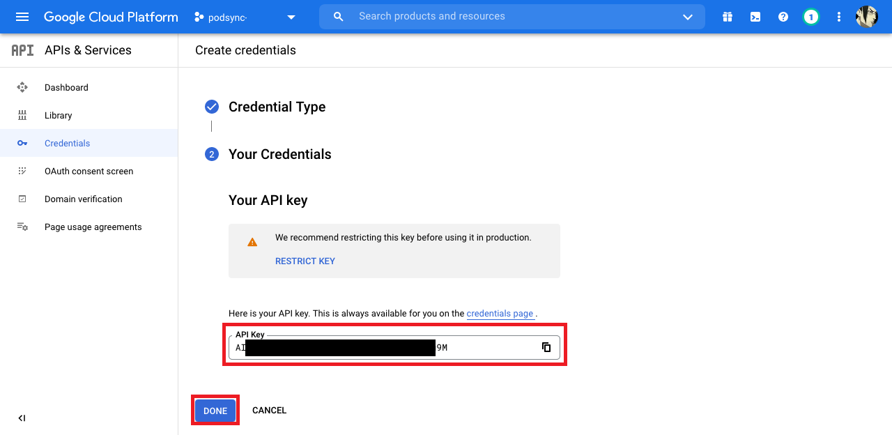 Screenshot showin the API key for the credentials created.