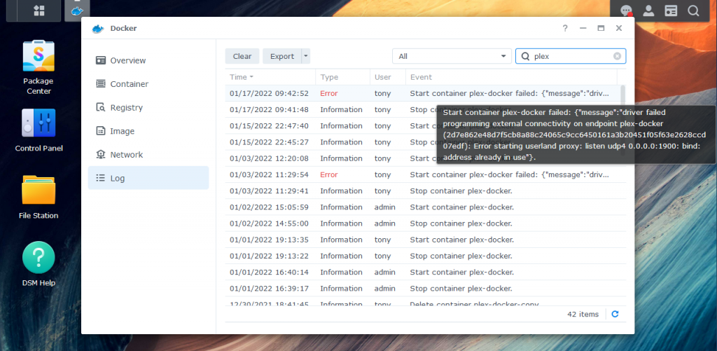 Screenshot showing the Docker error saying port 1900 was already in use.