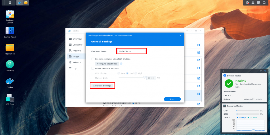 Synology Docker wizard screen one: name container
